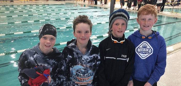 The MUSAC 10 and Under Boys 4x50m Medley Relay Team (from left) George Kierstead, Josh Gevaert, Tyler Gevaert and Arik Martin-Padfield