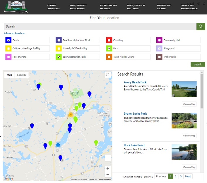 A new facilities module on the Town of Huntsville website will help you find parks, beaches, boat launches, community halls, and more! 