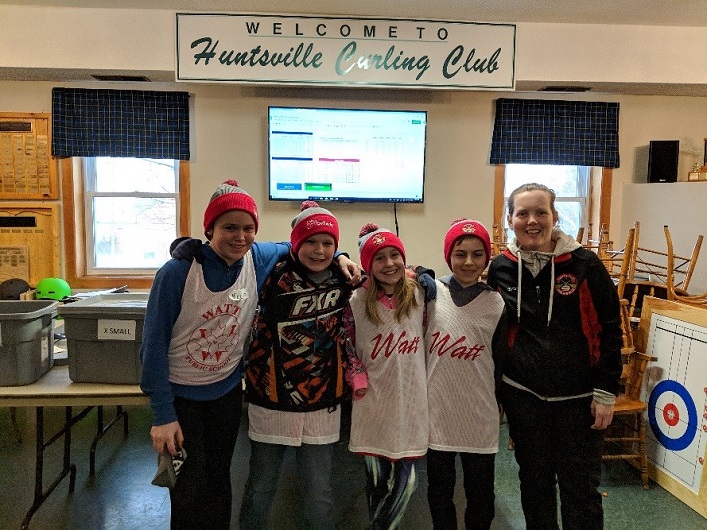 The winners of the HCC elementary program mini-bonspiel from Watt Public School were (from left) Nicole Coutts, Cody Coutts, Katrina Church, and Alasdair Wilson with Kristen Hamilton, HCC Youth Program Coordinator (supplied)
