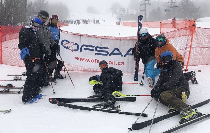 The HHS Alpine Junior Boys ski team at OFSAA 2019 (from left) Harry Farnsworth, Chris Miller, Kyle Mattice, Noah Jason, coaches Nico Byl and Zach Belfry, and Dale Shewfelt (supplied)