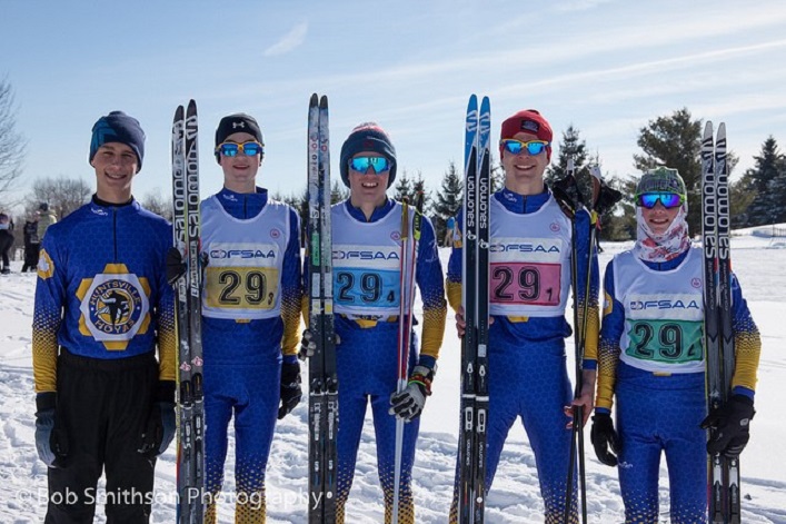 The HHS Nordic Junior Boys team at OFSAA 2019 (from left) Gavin McPhee, Keenan Patterson, Zak Varieur, Ryan Clarke, and Cole Punchard. (supplied)