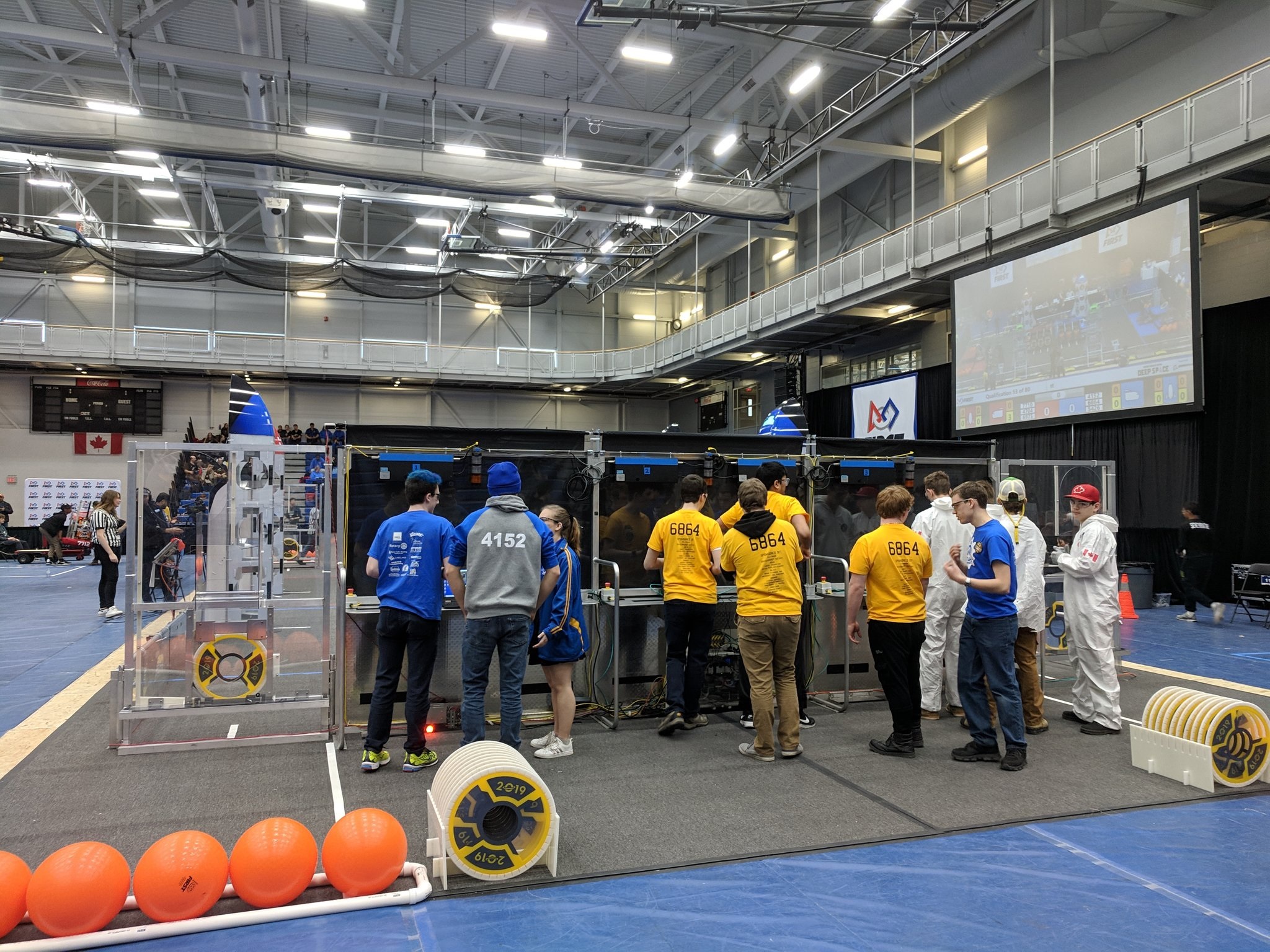 Hoya Robotics 4152 and GHS (Gravenhurst High School) Robotics 6864 prepare for the sandstorm portion of a match in which they are driving their robot blind (@hhs4152/Twitter)