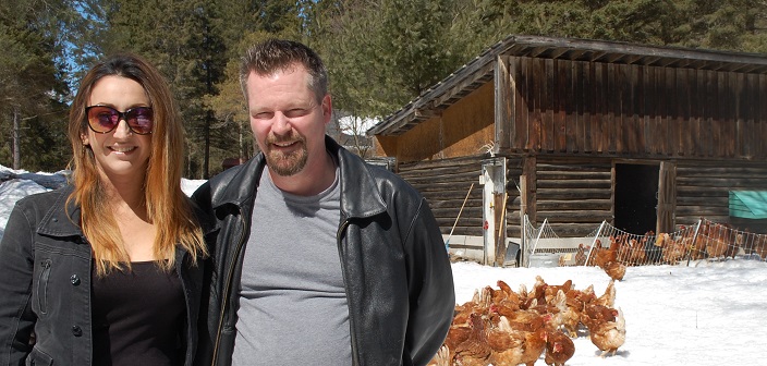 Ali (left) and Dan Gamble with their hens at The Gamble Farm in Port Sydney