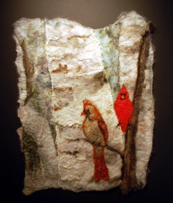 Checking Out Her Tail Feathers 26x31 watercolour with wool by Pam Carnochan