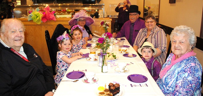 Ernie Martin (left) was celebrating his 88th birthday at the tea party with (clockwise from his left) Mya and Leah Bradley. Darlene and John Ballantine, Debbie Bradley, Chace Ball and June Martin