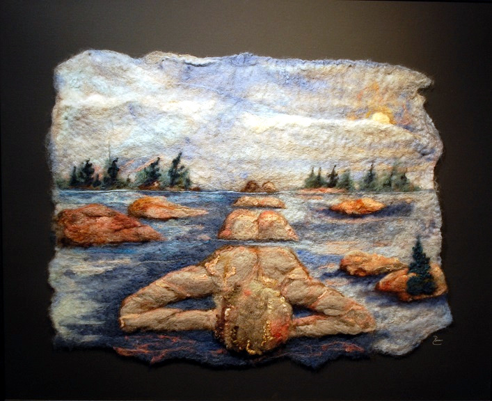 Island Girl 36x32 watercolour with wool by Pam Carnochan