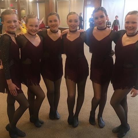 The JJ Dance Pre Competitive Jazz group (from left) Lauren Lane, Allie Peace, Katie Fernandez, Emma McLellan, Ava Williamson, and Samantha Chochlowsky won first place overall (supplied)