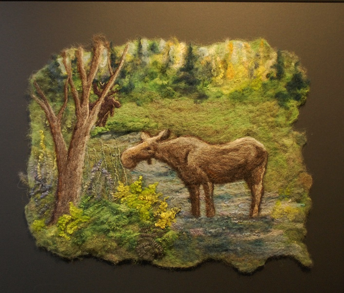Muskoka Monarch 29x25 watercolour with wool by Pam Carnochan