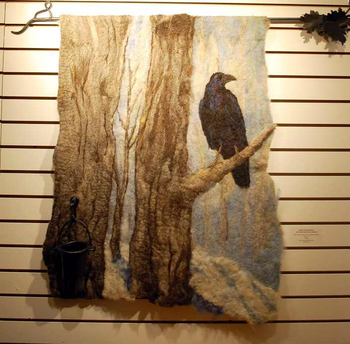 Sweet Collaboration 39x37 watercolour with wool and ironwork by Pam Carnochan and Deb Harkness