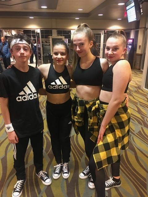 (From left) William Demaine, Katie Fernandez, Kayley Wright, and Emma Harvey. Kayley and Emma came in a close second with Hip hop duet “Hands Up”.  Willie D and Katie took first place and second overall for hip hop duet “We Bad” (supplied)