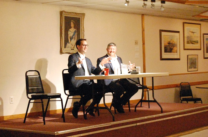Conservative nominees Alan Fraser (left) and Scott Aitchison at a meet-the-candidates event at the Huntsville Legion on June 26. Meghan Shannon and Holly Thompson were not present.