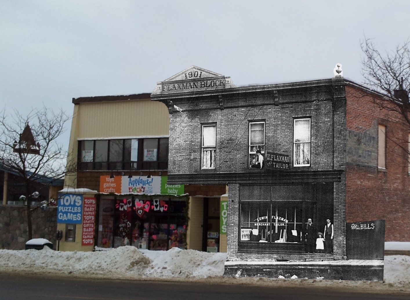 A vintage photo of the Flaxman Block superimposed on the building in that location now. The building now houses Marigold restaurant and The Record Shoppe. (Courtesy of Kelly McCaw)