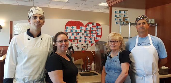 (From left) Oliver Wolfe, Brandie Fisher, Rhonda Cahoon, and Bob Wolfe with some of the Gift-a-Meal vouchers donated by Family Place patrons