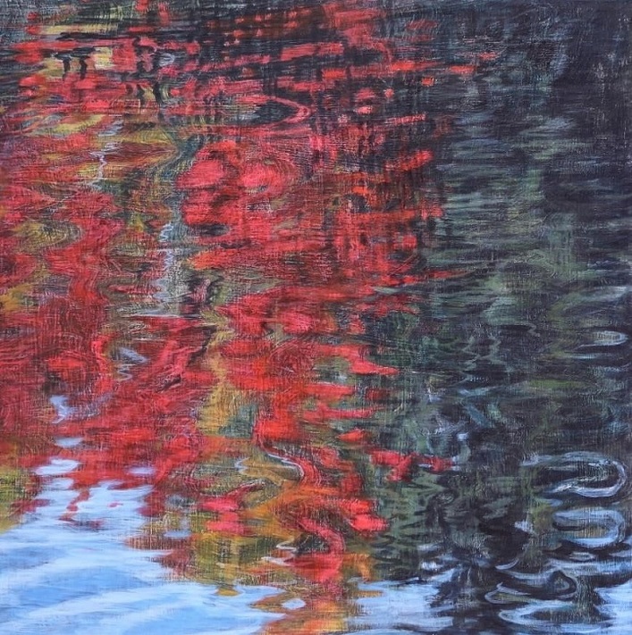 Catherine O’Mara’s water series shows brilliant red autumn leaves reflected in moving water