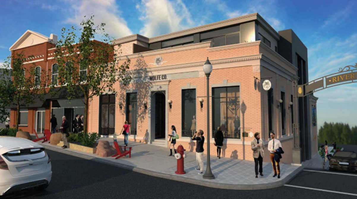 Rendering of proposed improvements to the former Toronto Dominion building on Huntsville’s Main Street, which will include the headquarters for Wolfe Co. Apparel and Goods, a Zahara’s Boutique,  and second storey apartments.