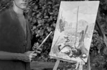 Robert Bateman painting at the AWRS 2, circa 1949, Algonquin Park Museum Number 6219