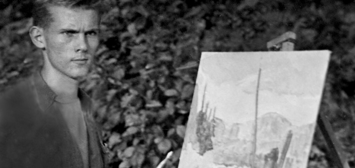 Robert Bateman painting at the AWRS, circa 1949, Algonquin Park Museum Number 6219