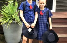 Joan and Ellie on their first day of Aussie school (supplied)