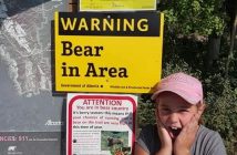 Sophie with a bear sign at Canmore, Alberta (supplied)