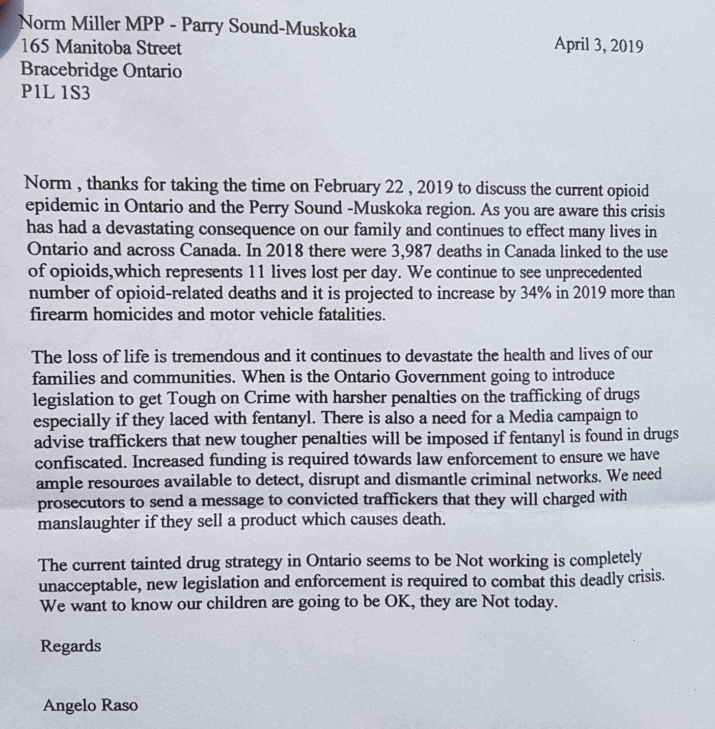 A letter from Angelo Raso to Parry Sound-Muskoka MPP Norm Miller