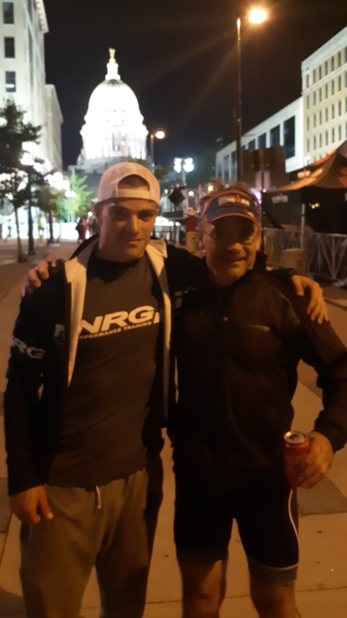 Jon Morton (left) with his dad Bob Morton, who also completed the Ironman Wisconsin (supplied)