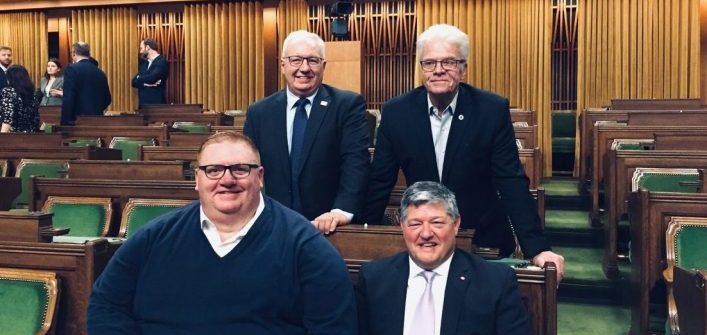 MP Scott Aitchison (front right) with Bracebridge Mayor Graydon Smith beside him, District Chair John Klinck behind him, and Bracebridge Deputy Mayor Rick Maloney. All three attended Aitchison's swearing-in ceremony in Ottawa. (submitted)