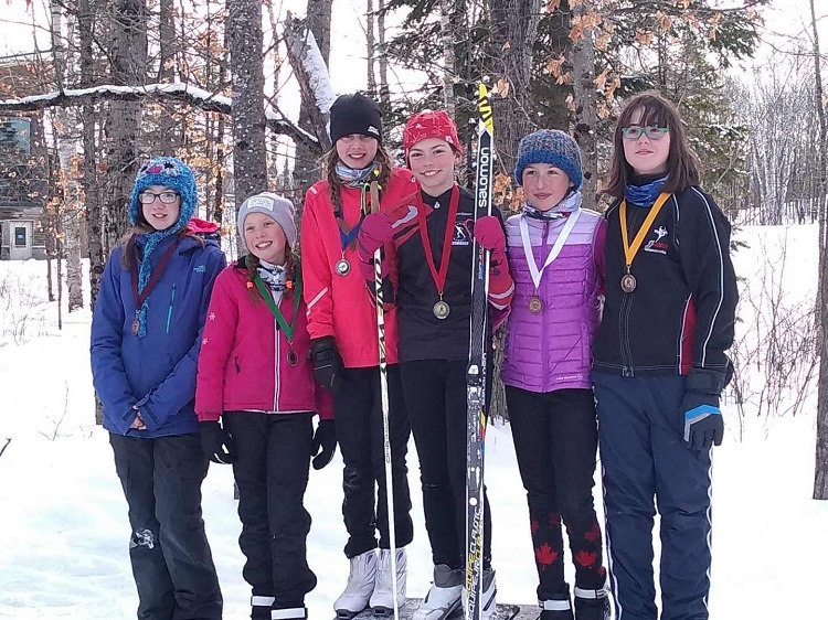 Arrowhead Nordic Race Crew members along with other finishers at the Arrowhead elementary race (from left) Morgan Cork, Skylar Gottlieb, Claire Parsons, Braunwyn Strickland, Tyne Walker, and Petra Zacal (Peter and Lindsey Gottlieb)