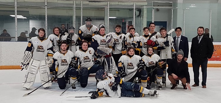 The Armstrong Dodge Midget AE Otters (back from left) Riley Holford 20, Tyler MacKinnon 13, Riley Digiacomo 9, Kalvin Crozier 18, Aaron Maddock 1, Andrew Duke 16, Ty Zanetti 4, Dryden Williams 5, Danny Downing, 6, Alex Ascott 15, Nathan Decaro 19, assistant coach Matt Young, head coach Brandon Janke; (front from left) Clayton Digiacomo 8, Matt Clarke 17, Alex Tone-Reid 12, Wyatt Schurer 11, trainer Ethan MacKay; and (lying in front) Jesse Taylor 3 (supplied)