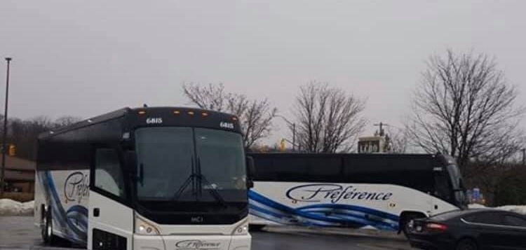 Preference Motorcoach buses parked at Canadian Tire (posted to Huntsville Voice group on Facebook on March 21, 2020; photographer unknown)