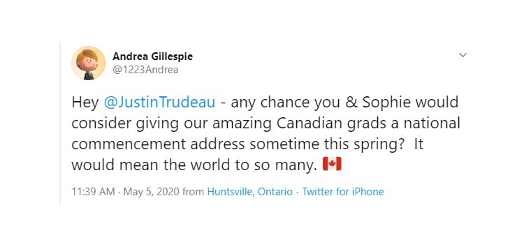 Andrea Gillespie’s tweet to Justin Trudeau on May 5, 2020 (Twitter.com)