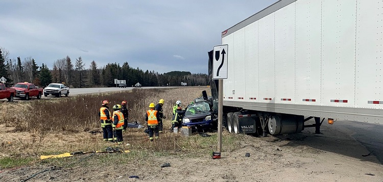 This collision at Hwy 11 southbound and Lindgren Road occurred the morning of May 7, 2020 (Photo courtesy of Huntsville OPP)