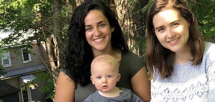 Midwife Keatha Walsh (left) with writer Sydney Allan and Allan’s son Franklin