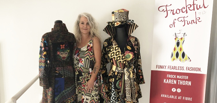 Karen Thorn at Fibre with two of her Frockful of Funk creations (Sydney Allan)