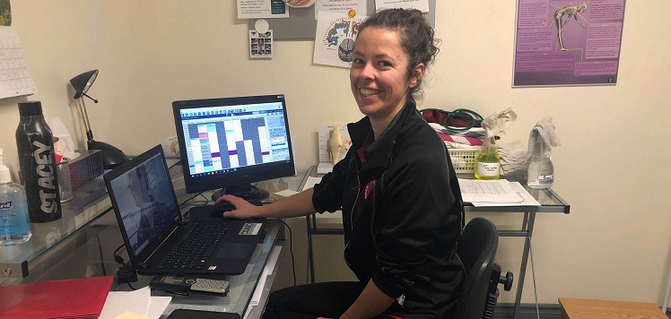 ProActive Rehab physiotherapist Stacey Van Schyndel prepares for a virtual appointment (supplied)