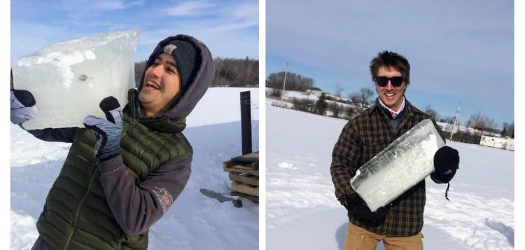Orion Austrup (left) and Colin Sober-Williams cut ice for Eat Local Muskoka (supplied)