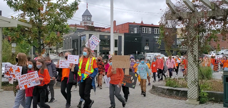 Local students were among those who participated in the Orange Shirt Day march. (Dawn Huddlestone)