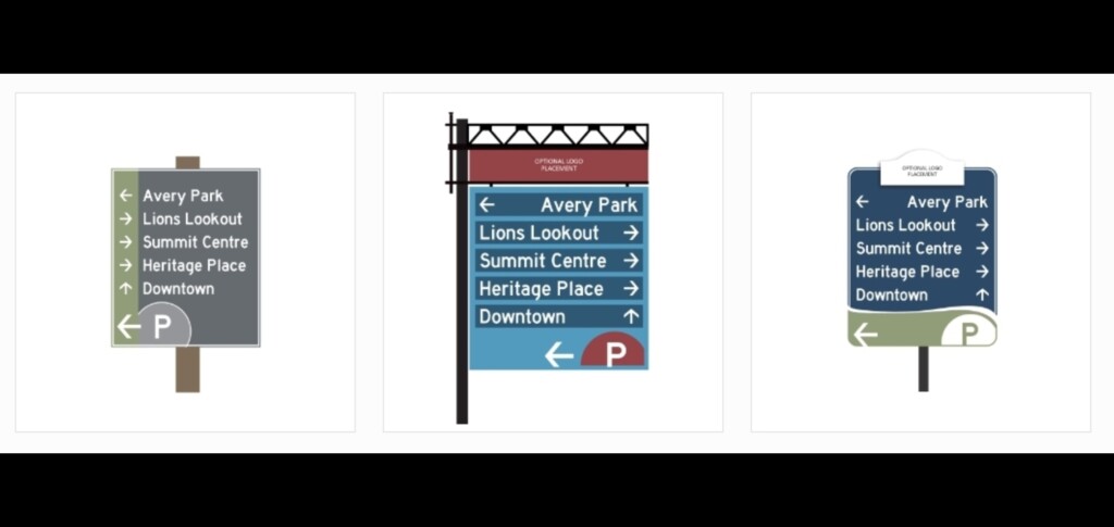 Examples of possible wayfinding signage for the Town of Huntsville (myhuntsville.ca)