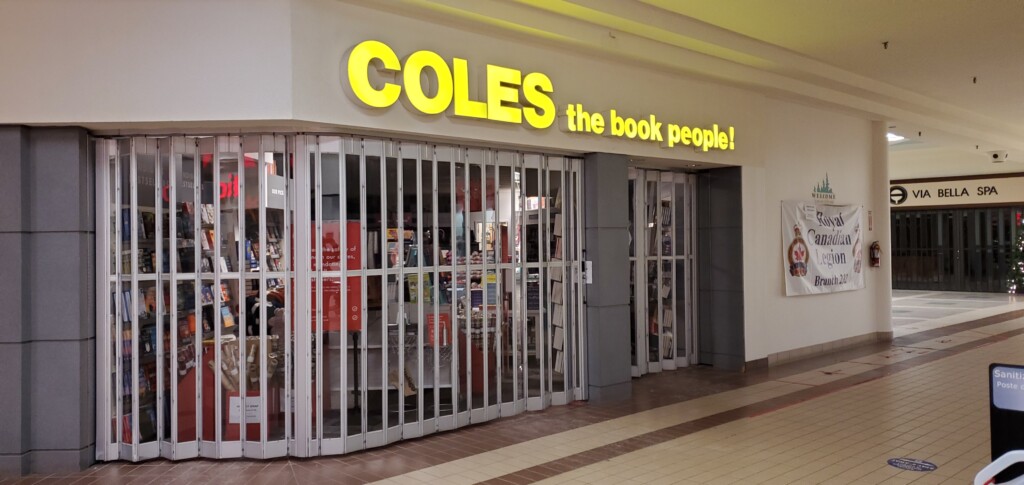 The Coles bookstore in Huntsville Place Mall, after hours. It will close at the end of 2021.