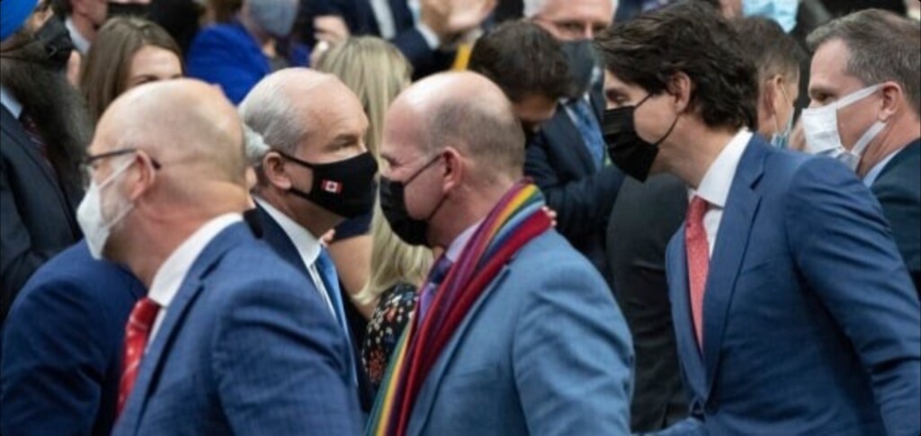 Members of Parliament shake hands following the unanimous vote to ban conversion therapy (Adrian Wyld/The Canadian Press)