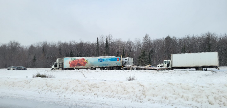 A collision involving two tractor trailers and a cube van has closed Hwy 11 on Feb. 23, 2022 while OPP investigate (@OPP_CR / Twitter)