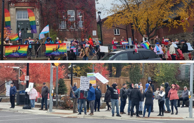 Groups with opposing views on gender ideology hold peaceful rallies downtown