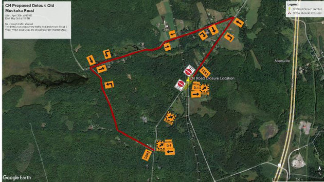 Old Muskoka Rd will be closed for work on railway crossing